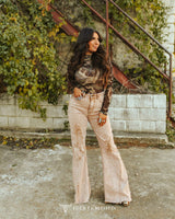 Camel Distressed Flare Jeans