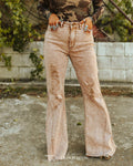 Camel Distressed Flare Jeans