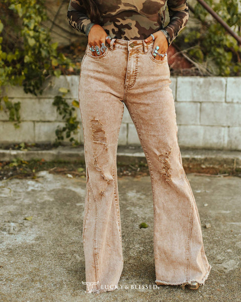 Camel Distressed Flare Jeans