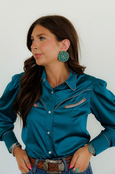 Teal Satin Pearl Snap