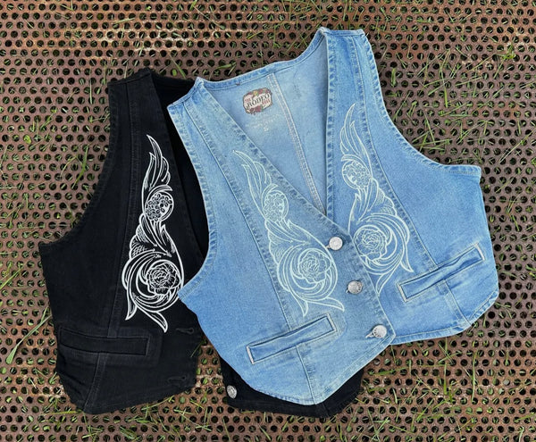 Tooled Denim Vest • Black or Denim
