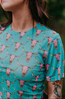 Turquoise Cow Skull Mesh Tee