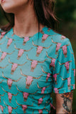 Turquoise Cow Skull Mesh Tee