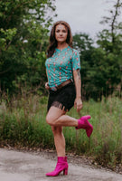 Turquoise Cow Skull Mesh Tee